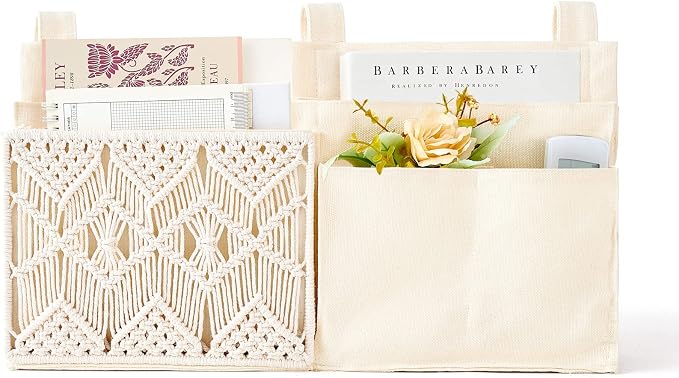 Mkono Bedside Caddy, Macrame Bunk Bed Hanging Organizer, 7 Pockets Ivory | Dorm - Image 7
