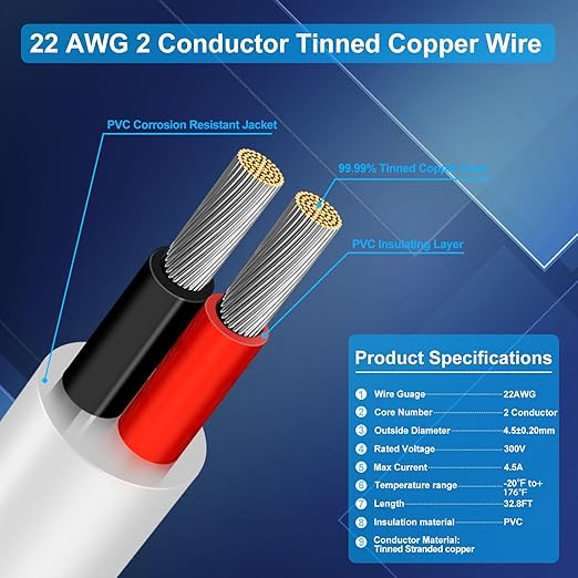 22 Gauge 2 Conductor Electrical Wire, 32.8FT Low Voltage 22/2 Tinned Copper Stranded 2 Wire Cable, 22 AWG White Flexible Extension Power Cord for Automotive, LED Lamp, Outdoor Landscape Lighting Etc