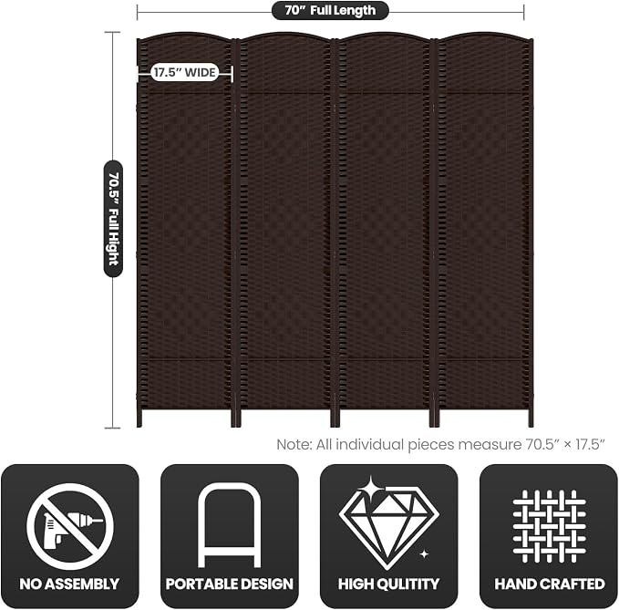 4 Panel Folding Room Divider, Woven Privacy Screen, Chocolate | Solid wood frame - Image 3
