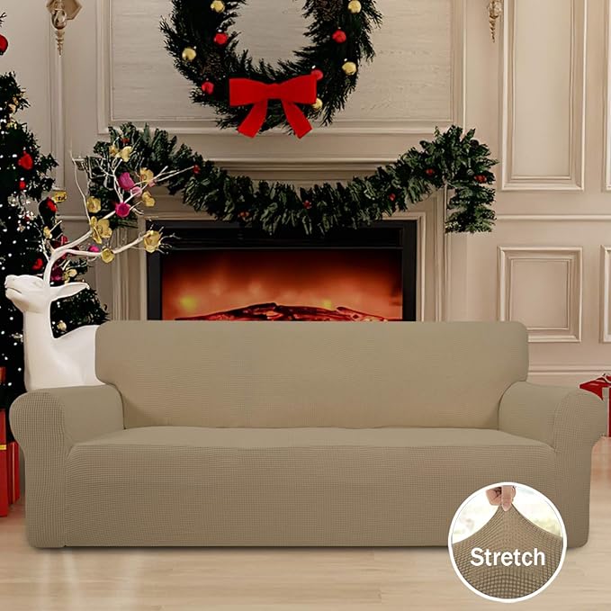 Easy-Going Stretch Oversized Sofa Slipcover 1-Piece Sofa Cover Furniture Protector Couch Soft with Elastic Bottom for Kids, Polyester Spandex Jacquard Fabric Small Checks Tan