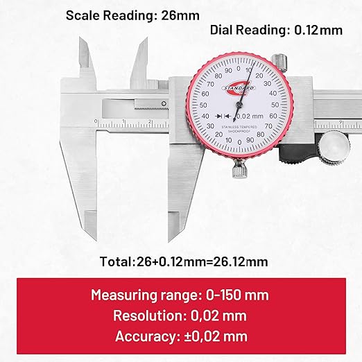 Standard Gage Metric Dial Caliper Measuring Tool 0-150mm Range, Analog Precision Caliper ±0.02mm Accuracy, Manual Mechanical Metal Stainless Steel Measuring Dial with 4-Way Measurements