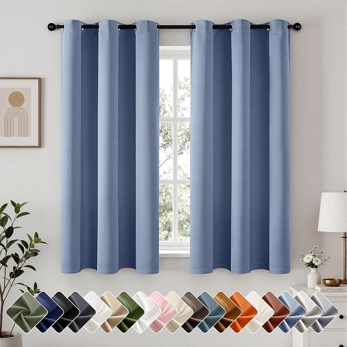 Short Denim Blue Blackout Kitchen Curtain W40 x L54 Inch 2 Panels | Thermal by Woaboy