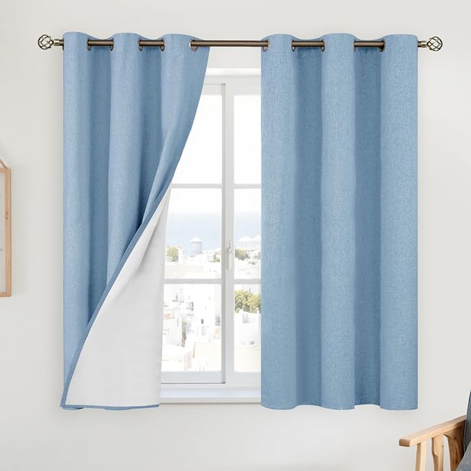 YoungsTex Light Blue Linen 100% Blackout Curtains 40 Inch Length, Short Thermal by YoungsTex