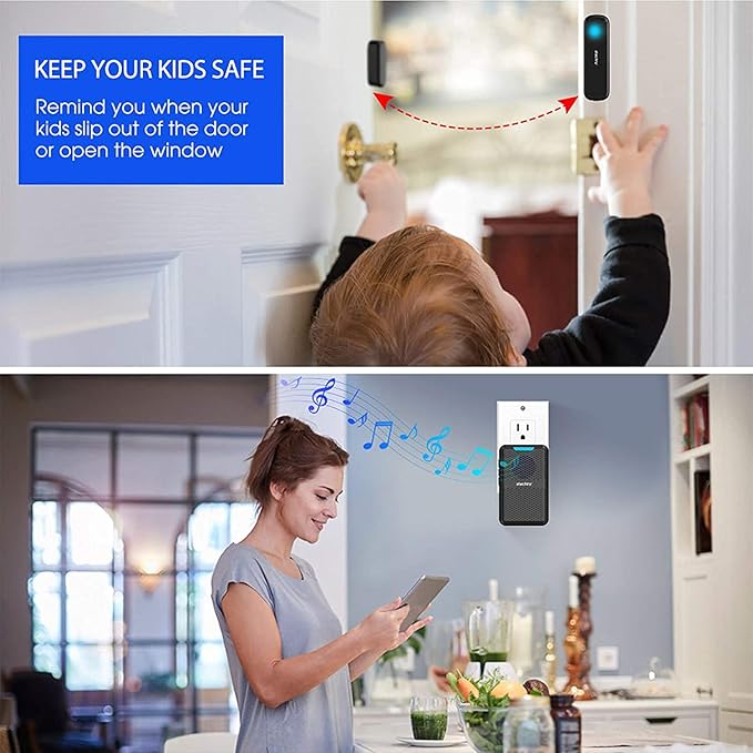 STECHRO Door Chime, 600ft Range 1 Magnetic Door Alarm Sensor 2 DoorBell Plugin Receiver Set with 62 Tunes 5 Adjustable Volumes for Business/Home/Office/Stores (2 Receivers + 1 Sensor)