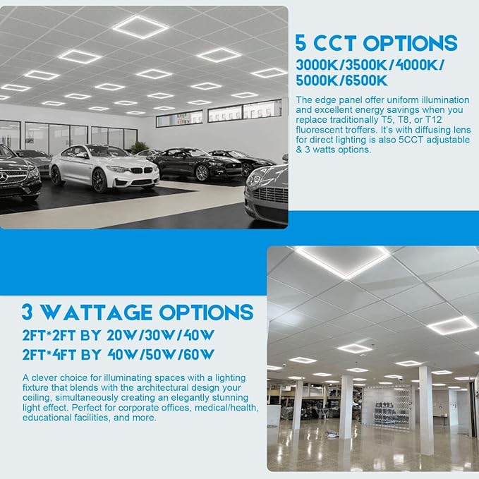 LED Energy Plus 2x2 FT Edge-Lit Frame LED Panel Lights,5CCT Selectable 3000K-6500K, 2600/3900/5200LM,20W/30W/40W Switch, Grid Drop Ceiling Lights,0-10V Dimmable,Damp Rated,100-277V,ETL Listed (6 Pack)