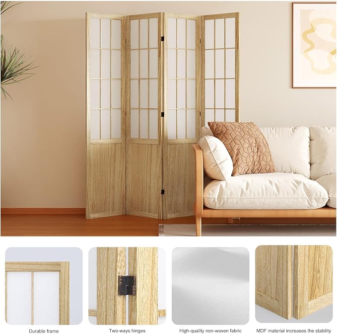 Room Divider, 66.9Inch Tall Japanese Shoji Style Folding Wood Screen - Image 4