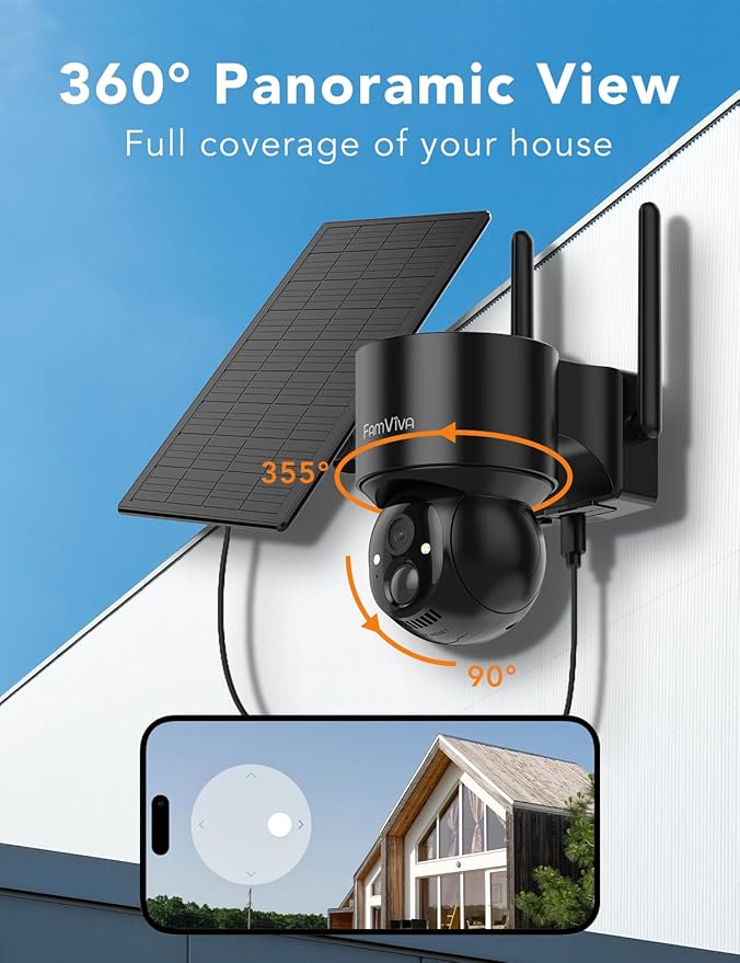 FAMVIVA 2K Solar Security Cameras Wireless Outdoor, 360°PTZ Battery Powered Cameras for Home Security, 2.4G WiFi Outdoor Camera with Color Night Vision, IP66 Waterproof, Motion Sensor Alarm, Black-4P