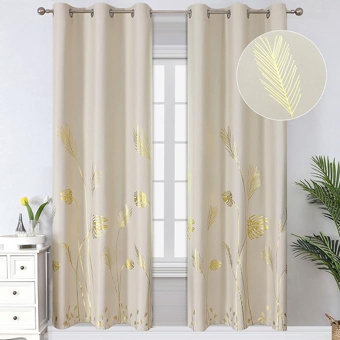 Gold Wheat and Leaf Printed Curtains Light Blocking Curtains Thermal Insulated by ESTELARTEXTILER