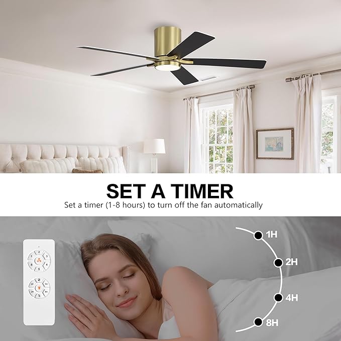 WINGBO 48" DC Flush Mount Ceiling Fan with Lights, 6-Speed Reversible DC Motor, 3CCT, Low Profile Hugger Ceiling Fan for Living Room Bedroom Kitchen, Brass Finish and Black/White Blades