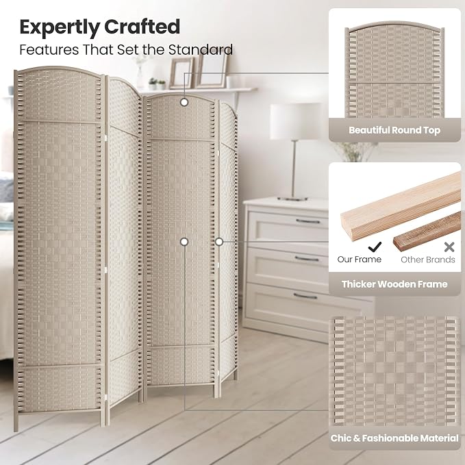 4 Panel Folding Room Divider, Woven Privacy Screen, handcrafted diamond pattern - Image 2