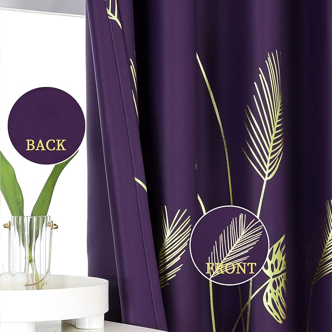 Purple Blackout Curtains for Bedroom, Room Darkening Gold Palm Tree Pattern - Image 3