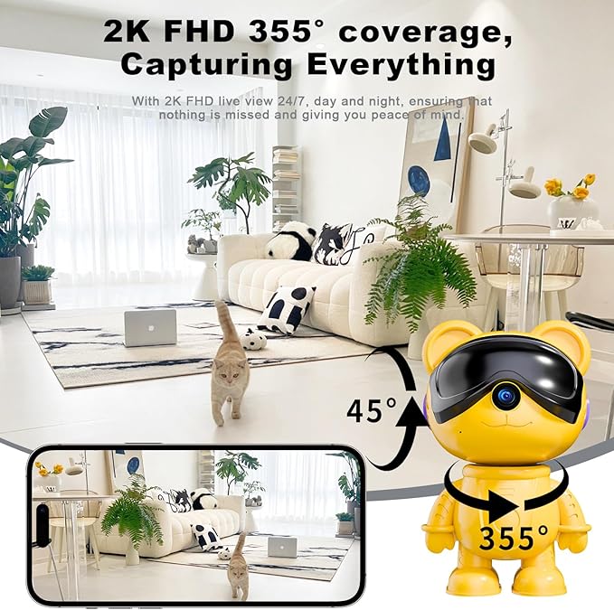 dzcctvipc-Cute Bear-2K Smart-Robot Security-Camera Wireless - Nanny & Pet Motion Monitor with Mobile App,Baby Cry Detection Alarm,5G Dual-Band,Pan-Tilt,Full HD Night Vision,24/7 Recording,2-Way Audio