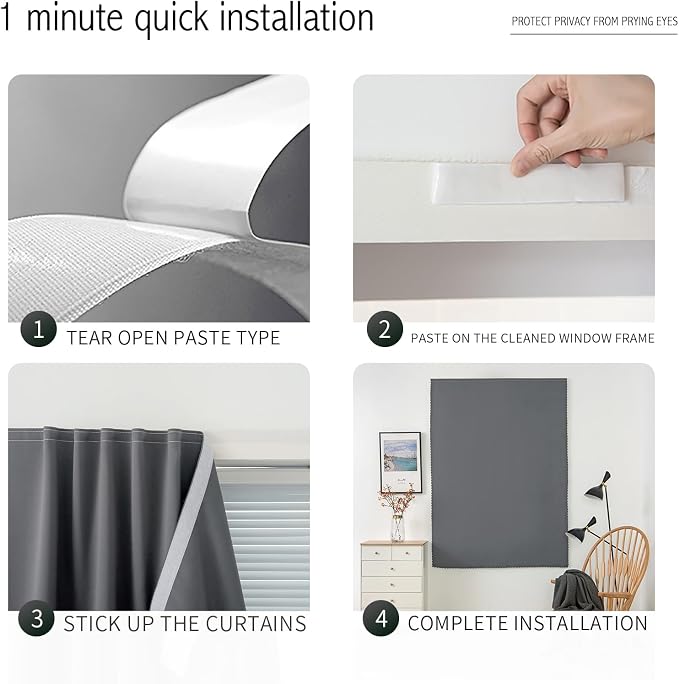 Thermal Blackout Curtains with Self Adhesive Tape No Rod No Drill Easy Install - Image 3