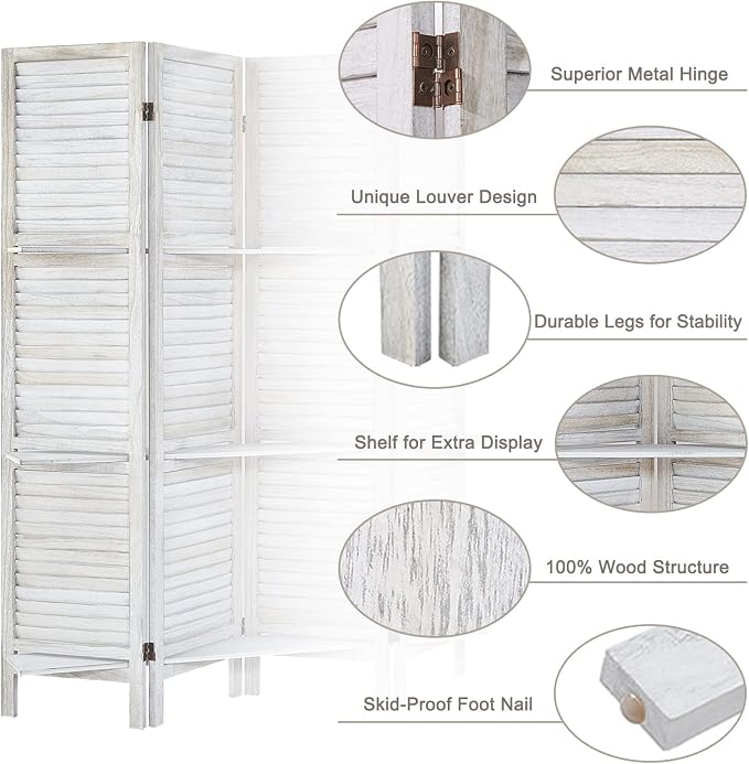 Room Divider with Shelves, 6 Panel Distressed White | Partition Room Dividers - Image 4
