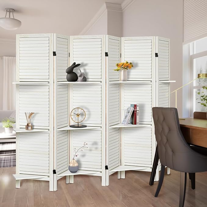 Room Divider with Shelves, 6 Panel White Privacy Screen | Partition Room - Image 7