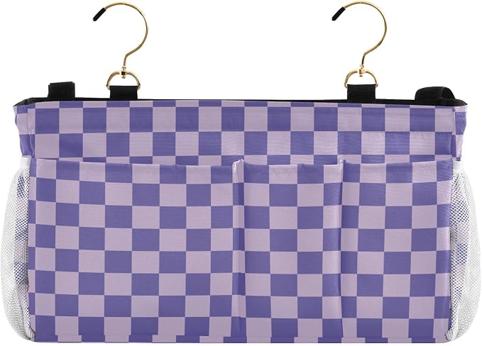 Purple Checkerboard Print Bedside Caddy Storage Bag Bedside Organizer - Image 2