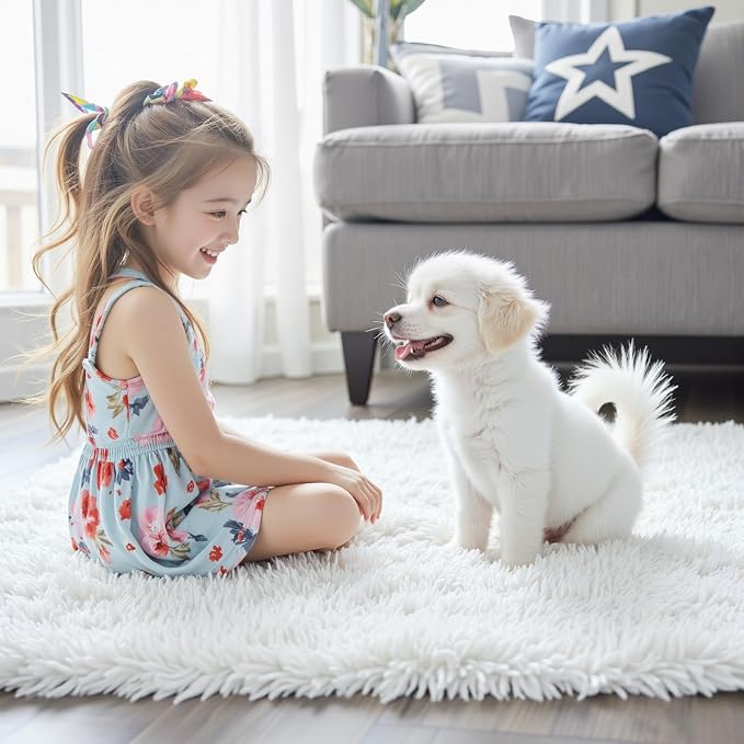 Small Shag Area Rug for Bedroom, 2x3 White Soft Plush Carpet | Non-Slip Floor - Image 3