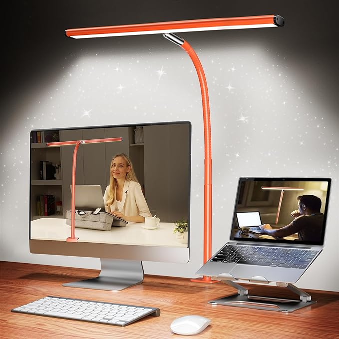 Airlonv LED Desk Lamp for Office Home, Eye-Caring Desk Light with Stepless Dimming Adjustable Flexible Gooseneck, 10W USB Adapter Desk Lamp with Clamp for Reading, Study, Workbench (Orange)