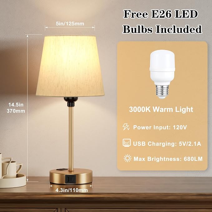 Gold Bedside Lamps Set 2 for Bedroom - Image 4