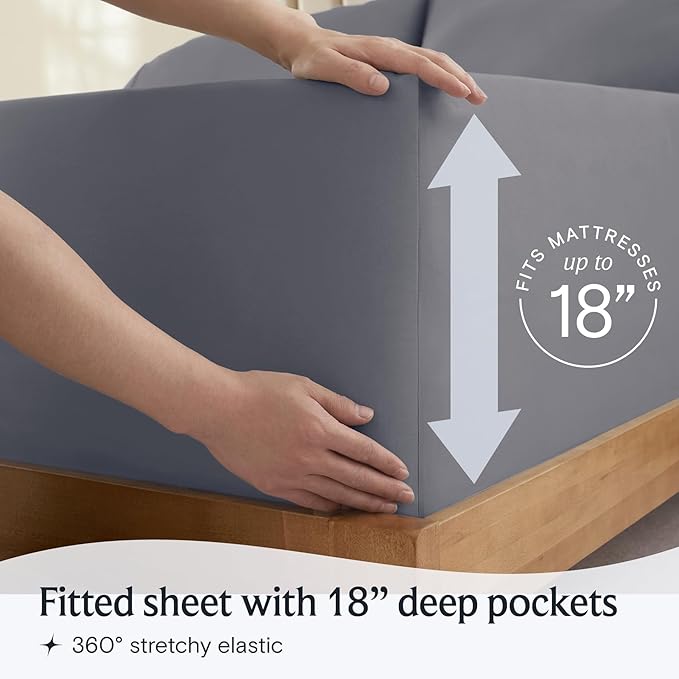LuxClub 4 PC Extra Deep Pocket Queen Sheet Set, Wrinkle Free Cooling Bed Sheets Hotel Bedding for Women, Men, Includes 1 Fitted Sheet, 1 Flat Sheet and 2 Pillowcases- Light Grey