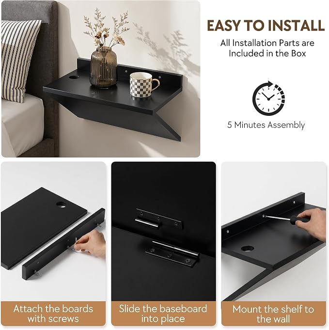 Floating Nightstand Set of 2 Black Wood Bedside Table Wall Mounted | Z-Shape - Image 9