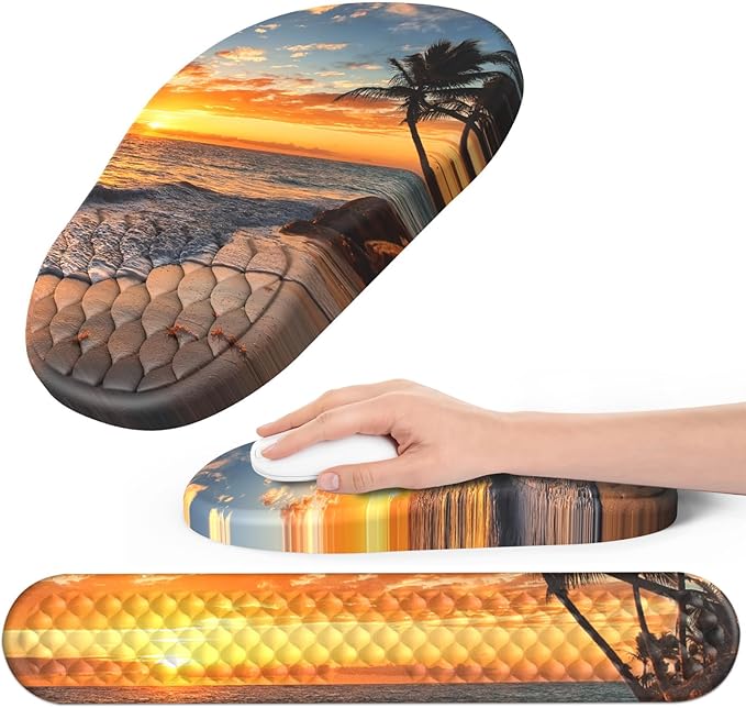 Hasinart Ergonomic Mouse Pad and Keyboard Wrist Rest with Massage Design, Space-Saving Mouse Pad Wrist Support, Memory Foam Wrist Rest with Non-Slip PU Base for Computer Desk, Beach
