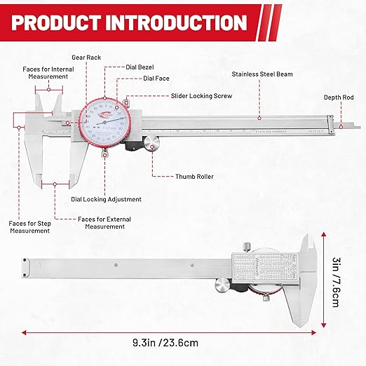 Standard Gage Metric Dial Caliper Measuring Tool 0-150mm Range, Analog Precision Caliper ±0.02mm Accuracy, Manual Mechanical Metal Stainless Steel Measuring Dial with 4-Way Measurements