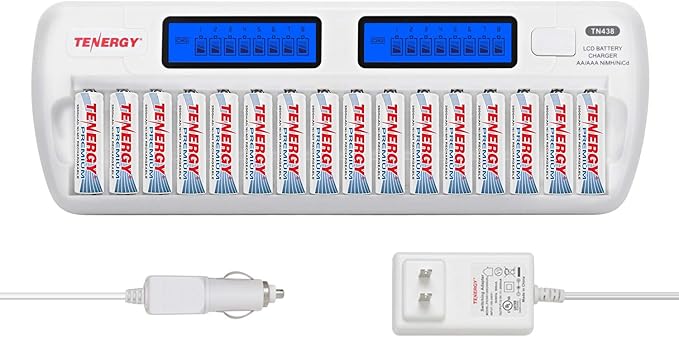 Tenergy TN438 16-Slot Smart Battery Charger for AA/AAA NiMH/NiCd LCD Display + 16 Premium Rechargeable AA Batteries