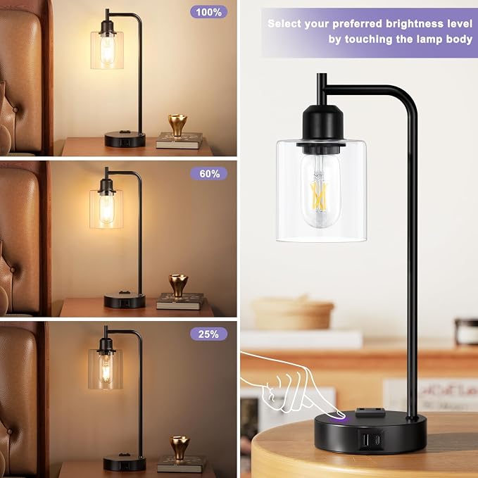 Industrial Touch Lamps for Nightstand Set of 2, 3-Way Dimmable Bedside Lamp | - Image 3