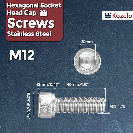 Kozelo 6pcs Socket Head Cap Screws - [M12-1.75 x 40mm] 304 Stainless Steel Allen Socket Drive for Electrical Motor 3D Printing Fan Engine Replacement Use, Silver