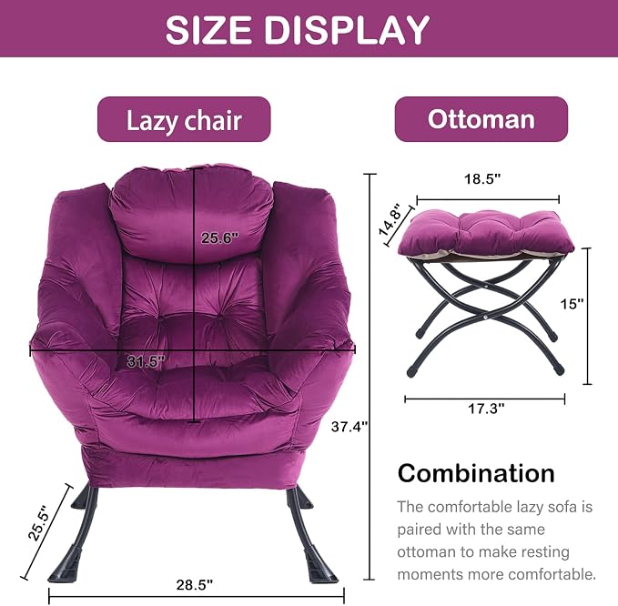 Lazy Chair with Ottoman, Comfy Accent Reading Chair, Velvet Purple | Foldable - Image 3