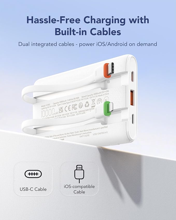VEGER Portable Charger with Built in Cable, 10000mAh 22.5W Fast Charging USB C Battery Pack, 4 Outputs 3 Inputs Power Bank for iPhone 16/15/14/13 Series, iPad, Samsung, Android, Tablet, White(1 Pack)
