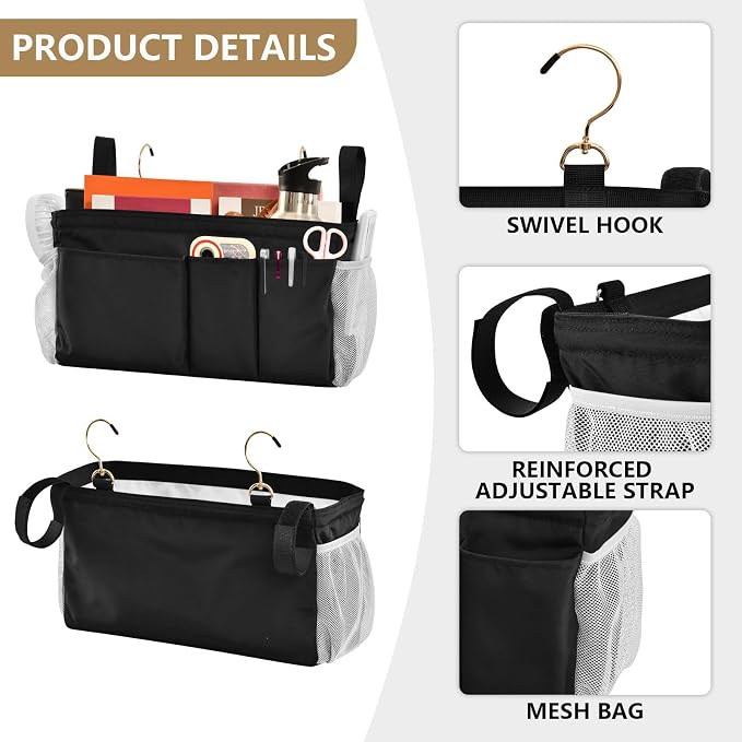 Black Bedside Caddy Storage Bag Bedside Organizer - Image 5