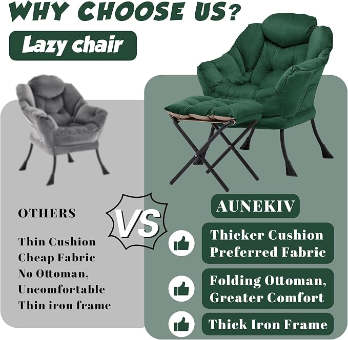 Lazy Chair with Ottoman, Comfy Reading Chair, Emerald Green | Cushioned Seat - Image 4