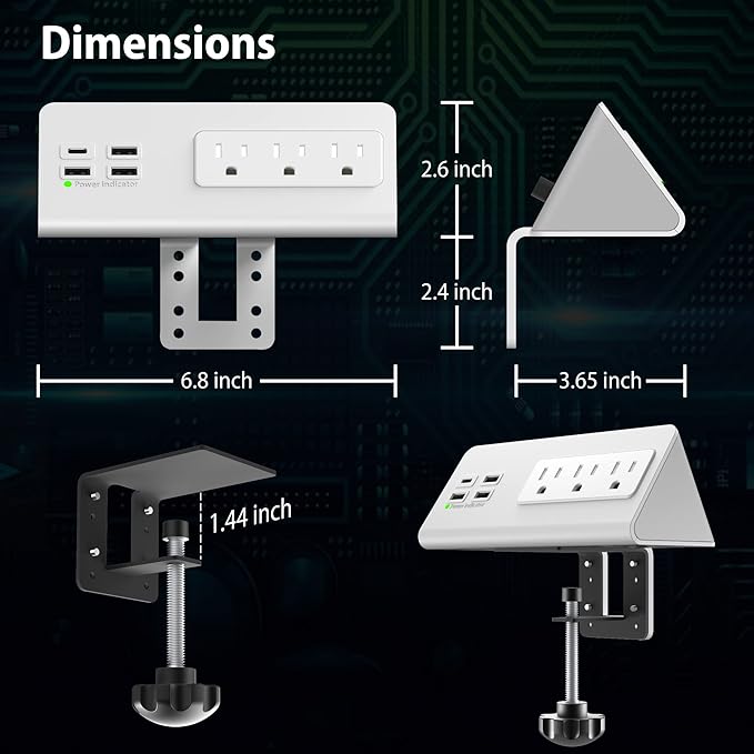 Nightstand Edge Mount Power Strip with USB-C Ports Tabletop Surge Protector Desk Clamp Power Sockets with 3 AC Outlets &4 Fast Charging USB Ports for Home Office Hotel and Dormitory