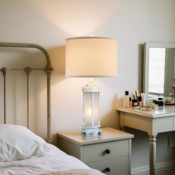 AIEAMPDO 25" Set of 2 Antique White Rustic Table Lamps 2 USB C+A Ports | - Image 7