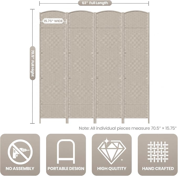 4 Panel Folding Room Divider, Woven Privacy Screen, handcrafted diamond pattern - Image 3