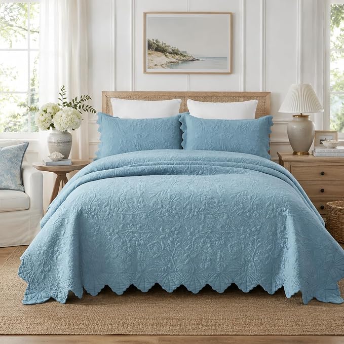 Brandream Luxury 100% Cotton Quilt Set King Size Blue Floral Vine Matelasse - Image 2