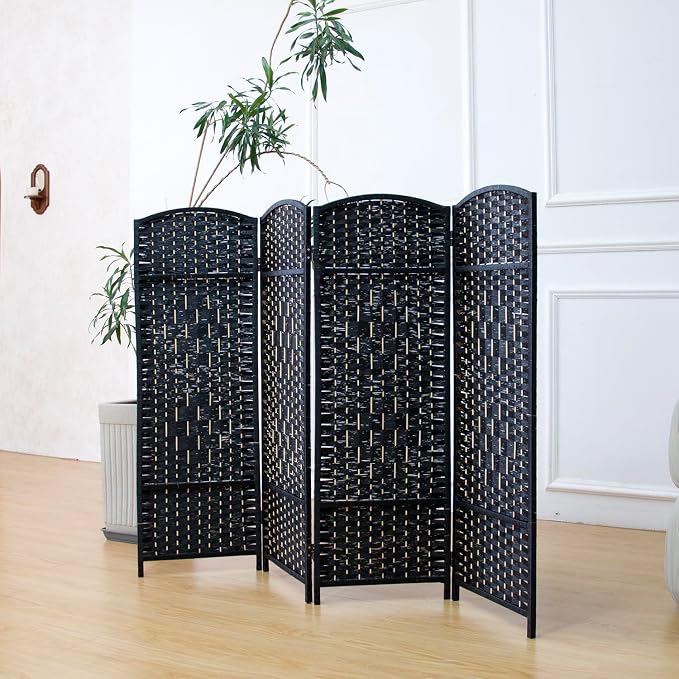 4-Panel Short Room Divider, 3.9 ft Freestanding Partition Wall, Natural Black by Loomveil
