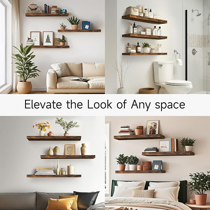 BAYKA Rustic Brown Floating Shelves 35.4in, Wall Mount Wood Shelf | Easy Install - Image 7