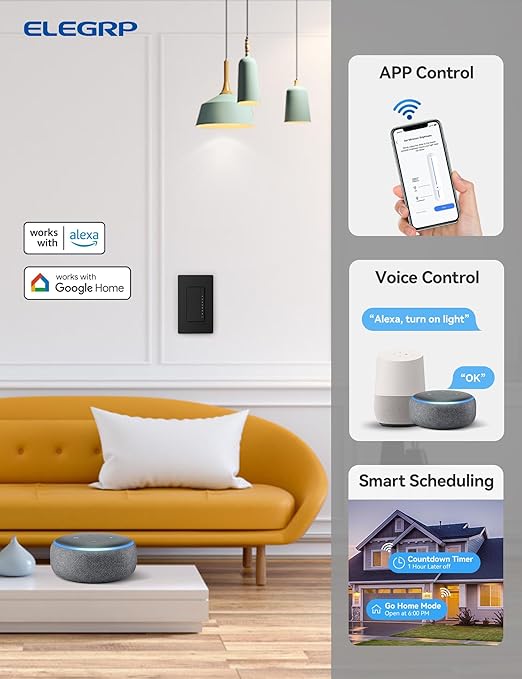 ELEGRP Single Pole Smart Dimmer Light Switch DPR10, 2.4GHz Wi-Fi Dimmer Switch Compatible with Alexa and Google Assistant, Needs Neutral Wire, No Hub Required, UL and FCC Listed, Black, 6 Pack