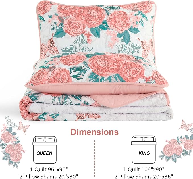 Yiran Pink Floral Quilt Set Queen Summer Botanical Bedspreads Bedding Set | 3 - Image 7