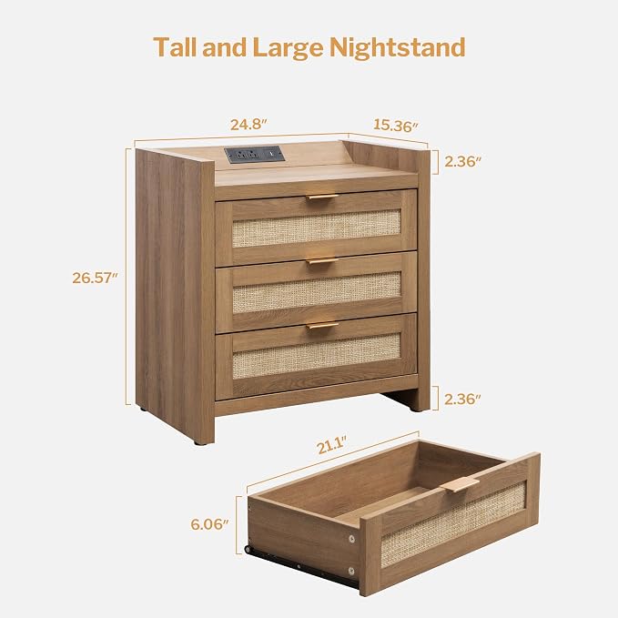 SICOTAS Rattan Nightstand for Bedroom, Bedside Table - Image 2