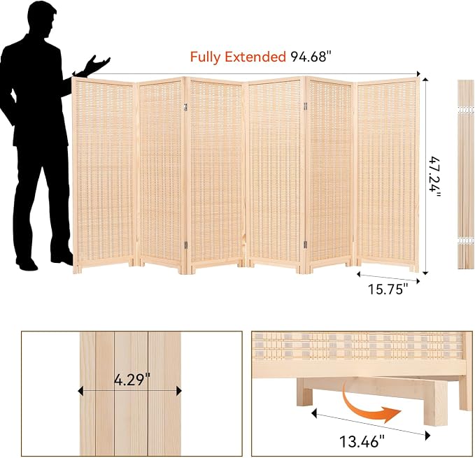 Bamboo Room Divider 6 Panel 47" H, 360°Rotating Feet Privacy Screen, Portable - Image 3