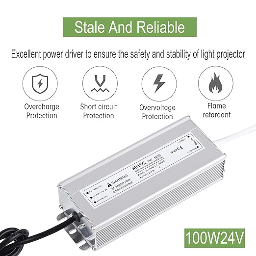 LED Driver 100 Watts 24V DC Low Voltage Transformer， Waterproof IP67 LED Power Supply, Adapter with 3-Prong Plug 3.3 Feet Cable for Any 24V DC led Lights, Computer Project, Outdoor Light