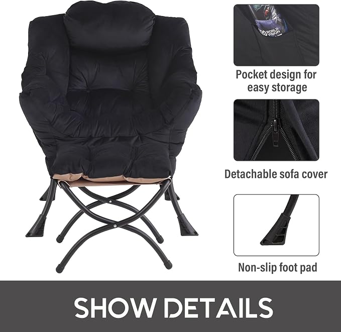 Lazy Chair with Ottoman, Comfy Accent Reading Chair, Velvet Black | Foldable - Image 4