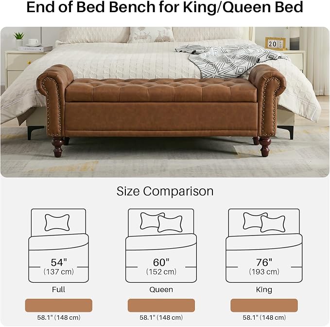 SOFTHION 58.1" Storage Bench for Bedroom, PU Leather Upholstered - Image 5