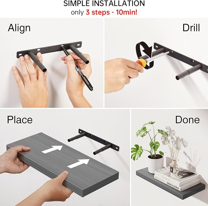BAYKA Grey Floating Shelves 22.5in, Wall Mounted - Image 6