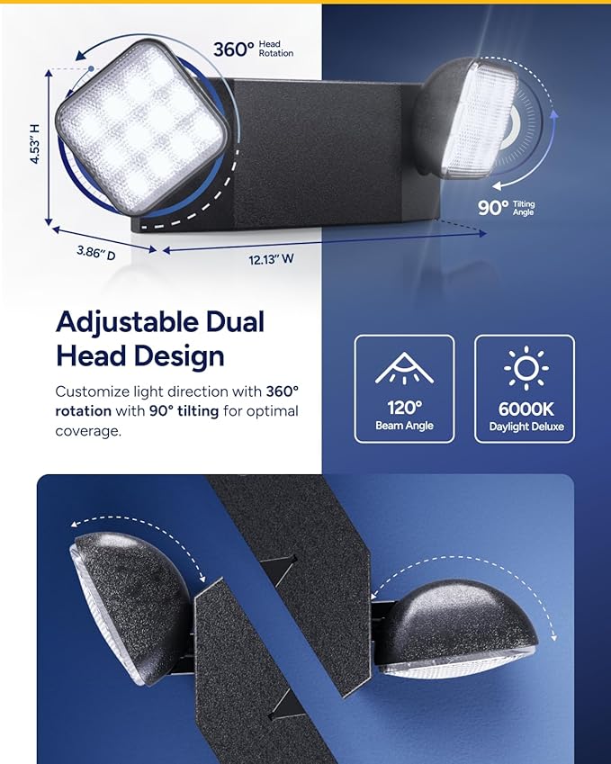 Sunco Emergency Light LED Fixture with Lights Battery Backup [Luces De Emergencia], Fire Resistant (UL 94V-0), 120-277V, Wall Mount, Hard Wired, Black UL