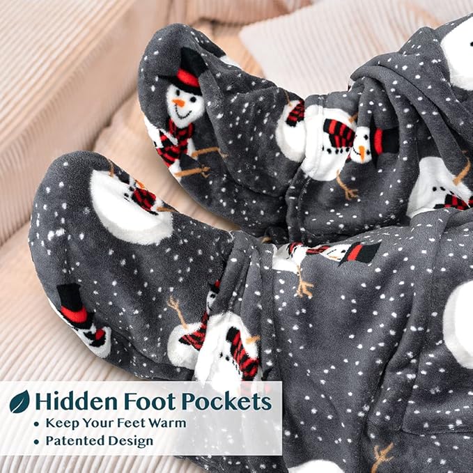 PAVILIA Fleece Blanket with Sleeves, Foot Pockets for Women Men Adults, Plush Wearable Blanket Throw Wrap, Warm Snuggle Blanket Robe, Cozy Gift Ideas Wife Mom, Snowman Gray